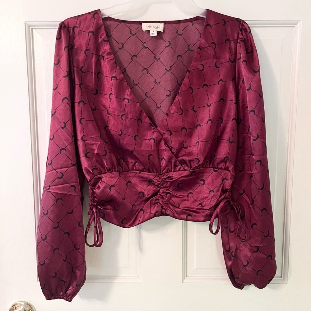 MERAKI Burgundy Crescent Moon Satin Long Sleeve Cropped Blouse